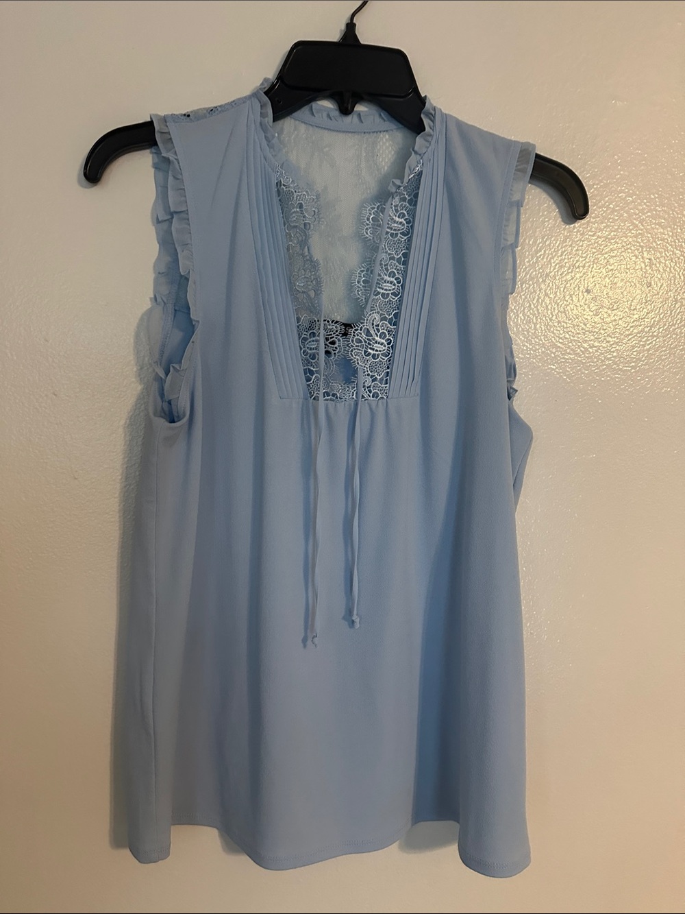 Express Light Blue Lace-Trim Sleeveless Tie Neck Top